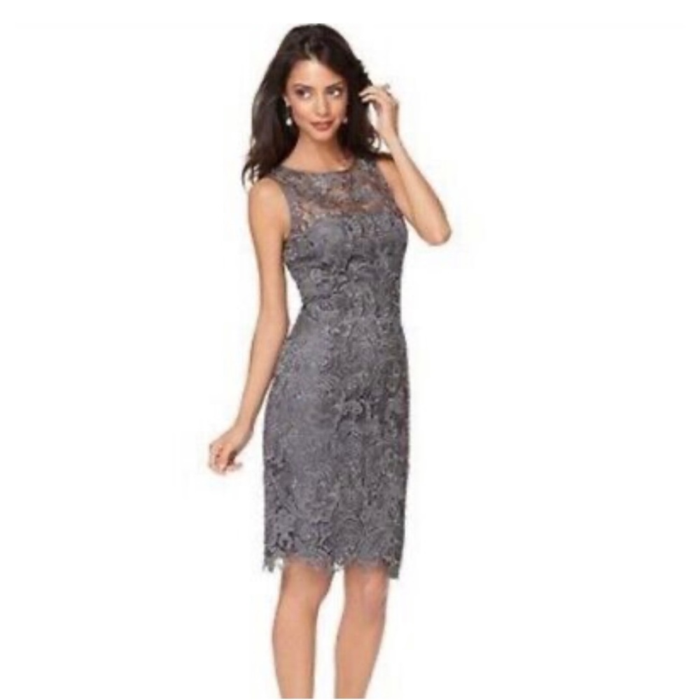 Adrianna Papell Women’s Illusion Neck Lace Sheath Dress / Size 14P / Like New